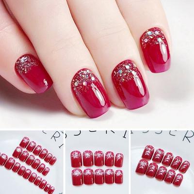 24Pcs Fake Nails Bright Red Short Square Artificial False Glitter Powder Design Nail Tips