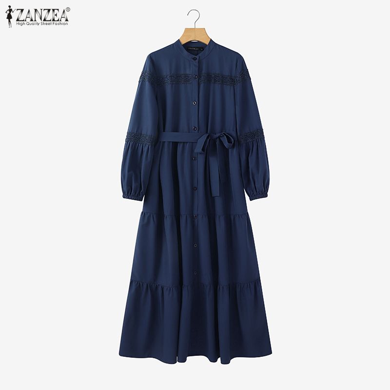 ZANZEA Kobiety Casual Okrągły Dekolt Długi Rękaw Luźna Koronkowa Patchworkowa Długa Sukienka