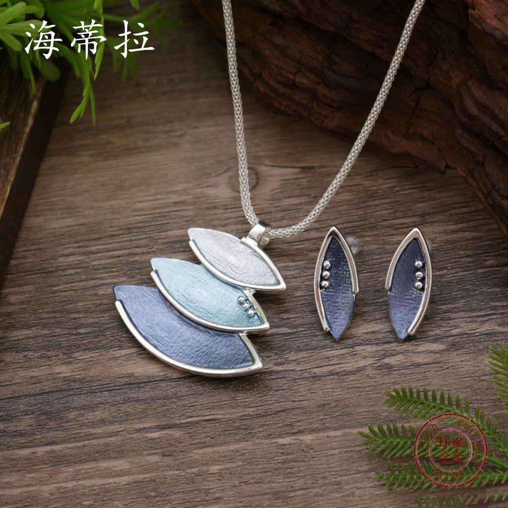 New color painting oil geometric petal stud earrings pendant set, women's premium petal necklace set