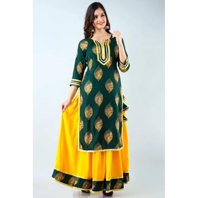 Women Party Wear Top Tunic Kurta Skirt Set Indian Bollywood Rayon Kurti Ethnic VSO-1705 C