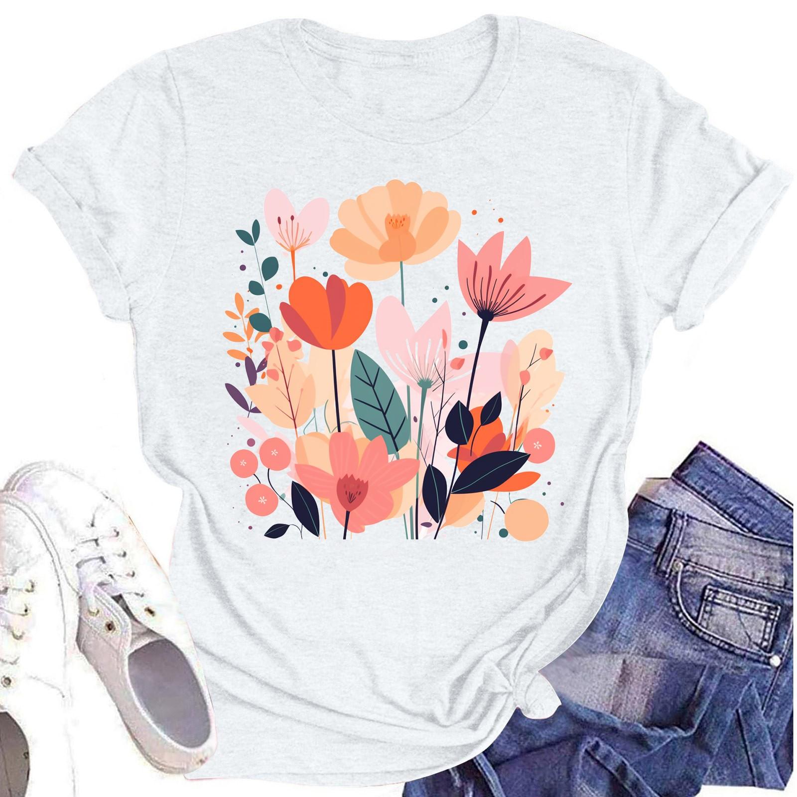 

Женская повседневная футболка с круглым вырезом и цветочным принтом, короткий рукав XL белый