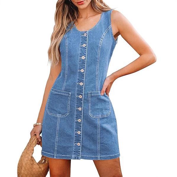

Women s Denim Button Front Sleeveless Dress with Pockets S