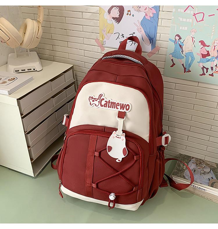 Fashionable Blocked Color Letter Cat Pattern Student Backpack Pendant With