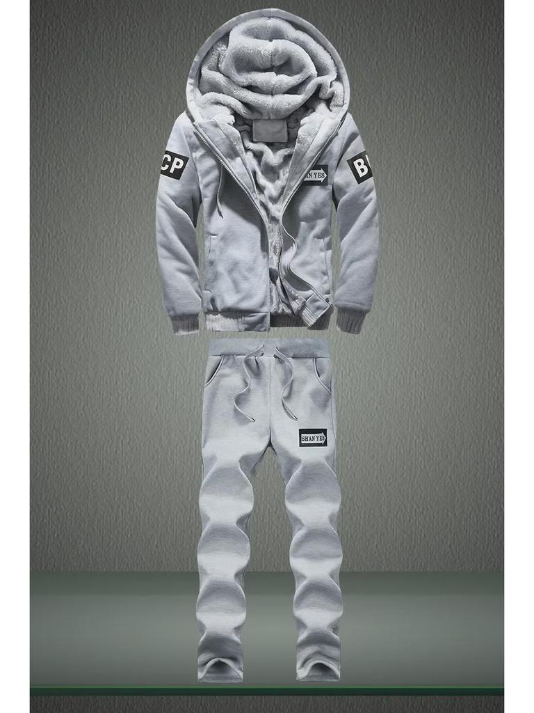 Men's Winter Sportswear Set: Hooded Sweater & Thick Velvet Jacket, Long-Sleeved, Large Sizes Available