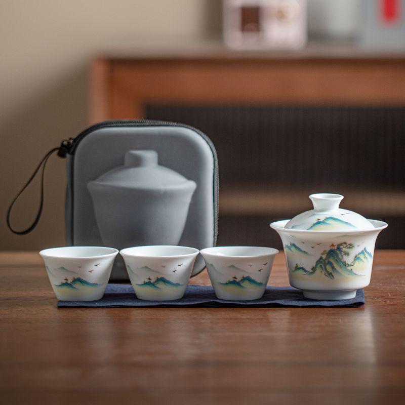 White Porcelain Tea Tureen Portable Gaiwan Set Picnic Outdoor Tea Set Practical Opening Business Souvenir Gift for Clients Funny