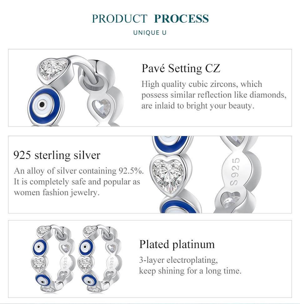 BAMOER 925 Sterling Silver Blue Evil Eye Ear Buckles Heart-shaped Zircon Hoop Earrings for Women Gift Fine Jewelry