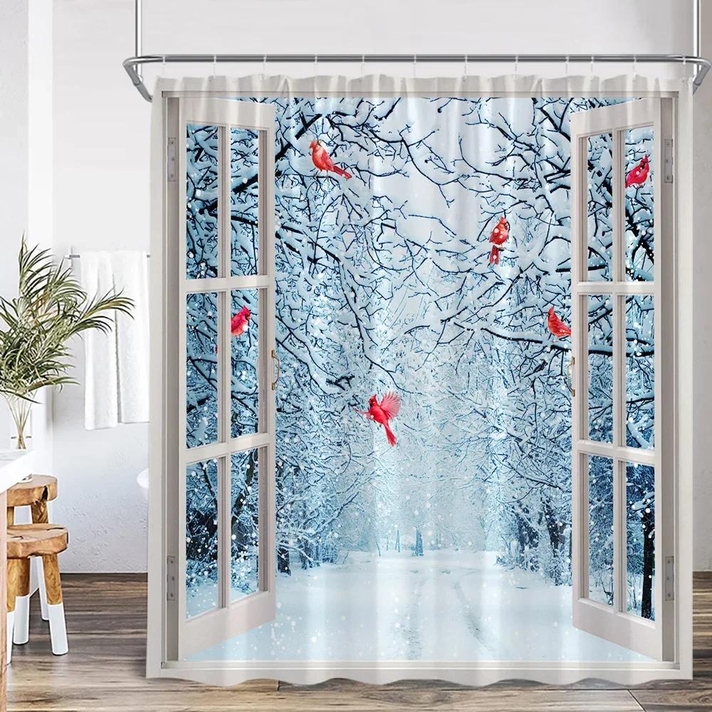 Winter Forest Scenery Shower Curtain Snow Window Outside Nature Landscape Snowy Pine Tree Bathroom Decor Polyester Bath Curtain