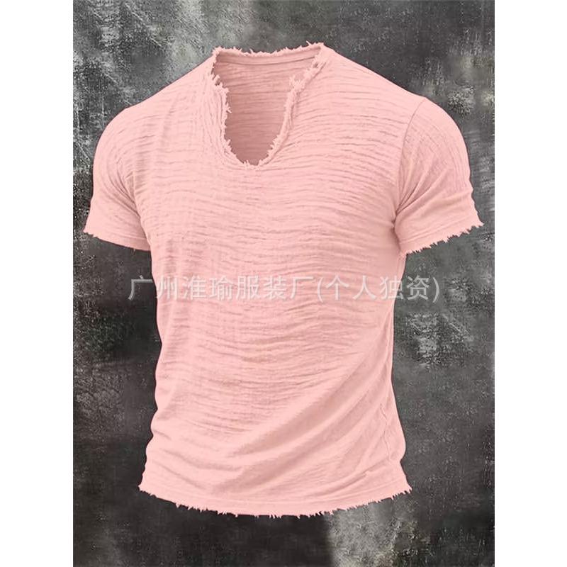 MENFORMAL Heren Khaki Slubtextuur Ruwe Rafelige Rand V-hals T-shirt Verweerd Gerafeld Randje Korte Mouw Casual Vintage Top 4XL roze