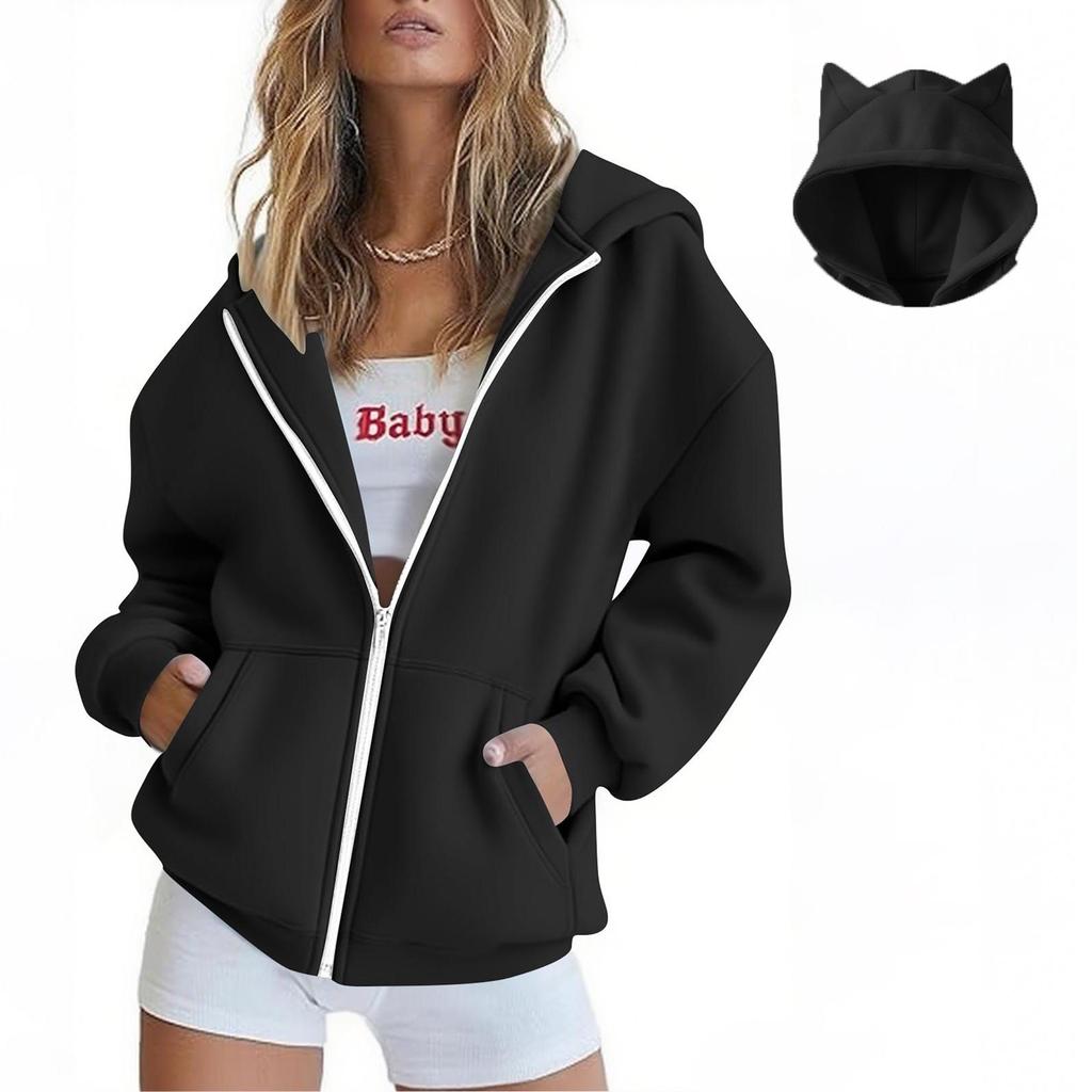 Damenmode Lässige Langarm Einfarbig Kapuzenpullover Tops