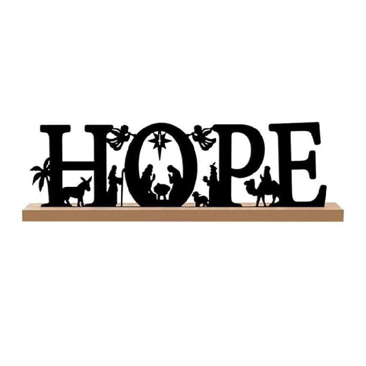 

Classical Black Metal Nativity Scene Figurine Sculpture Christmas Tabletop Decoration Iron Sign with Wood Base Ornament