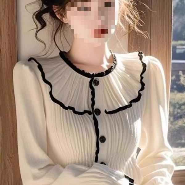 Damen Bluse im französischen Stil mit Rüschen und langen Ärmeln – Vielseitig für Frühling & Herbst