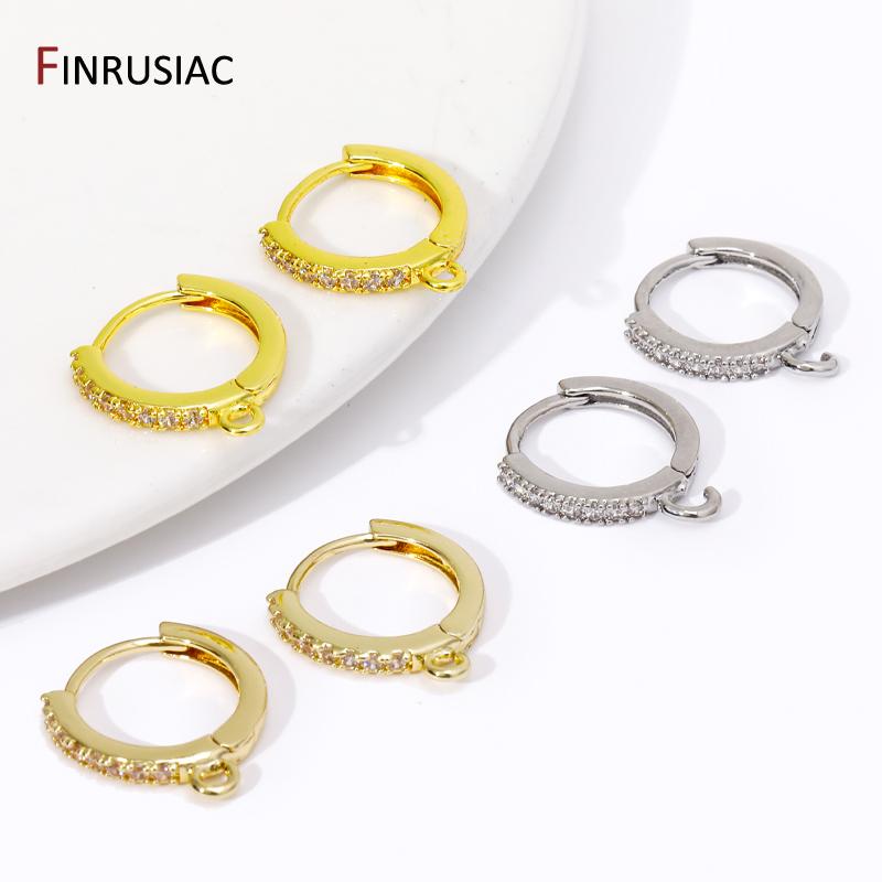 14K/18K Gold Plated Brass Round Earring Hooks Clasps Fittings,Inlaid Zircon Earring Fixtures For DIY Earring Making Accessories