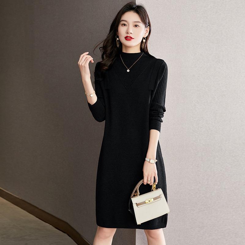 With coat sweater skirt women's autumn and winter wear knitted dress semi-turtleneck medium and long inner bottoming shirt