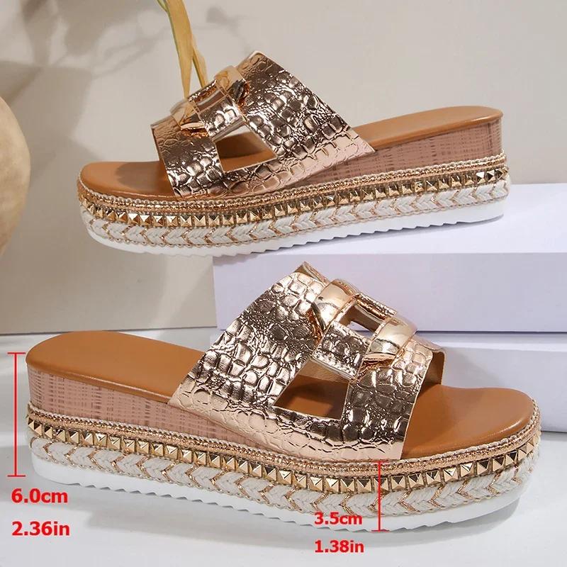 Fashion Platform Wedge Sandals for Women 2025 Summer Square Toe Thick Bottom Slippers Woman Plus Size Rivets Decor High Heel Sandles New