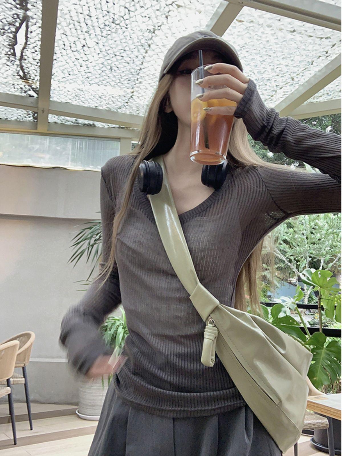 

Женский приталенный кардиган с прозрачным V-образным вырезом - Длинный рукав, защита от солнца, ранняя осень 2025. Small серый