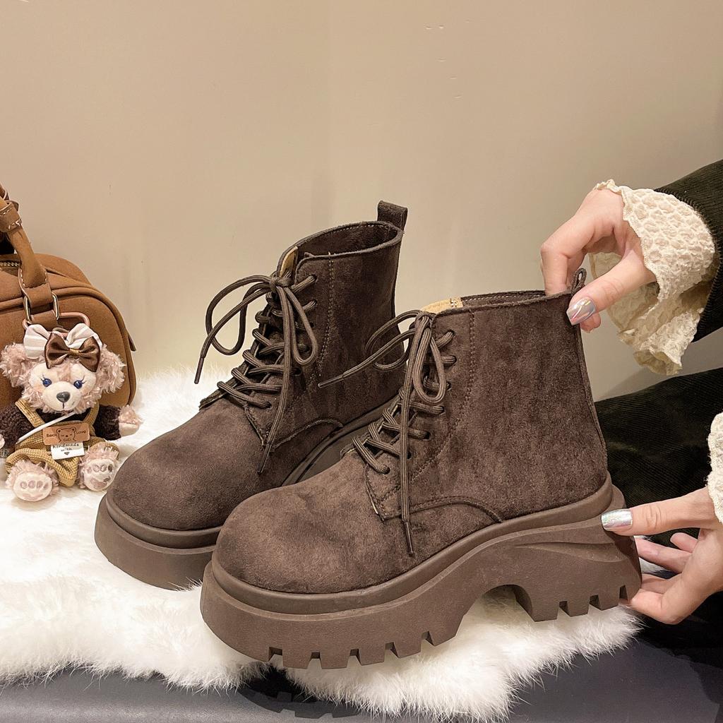 Fashion Versatile Thick-soled Heightened and Thin Martin Boots Women's 2025 Autumn and Winter New Lace-up Muffin Bottom Locomotive Boots Women's Boots