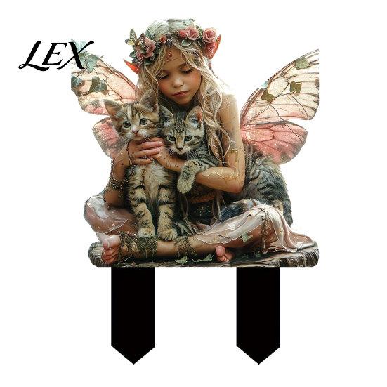 Potted Plant Decoration Garden Stake, Fairy Cats Shape with 2D Printing, Waterproof Stake Acrylic Realistic Outdoor Decoration, for Courtyards A