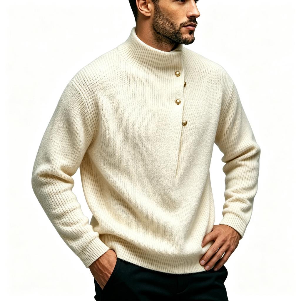 Men's High Neck Loose Fit Knit Sweater with Button Asymmetric for Fall Winter