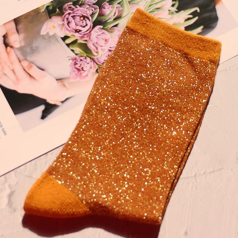 Fashion women's shiny solid color high quality combed cotton socks gold and silver thread soft and comfortable woman socks