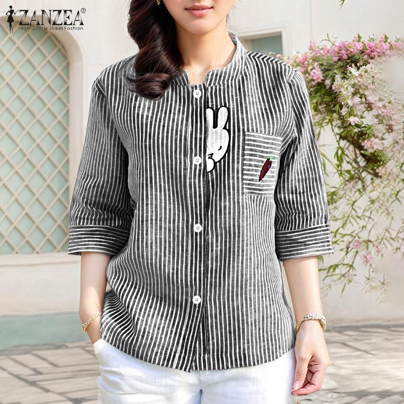 ZANZEA Women Korean Round Neck 3/4 Sleeve Stripes Buttons Patchwork Shirt
