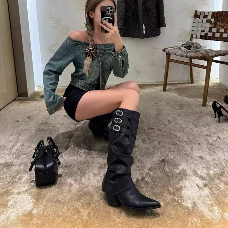 Two Wear Belt Buckle Boots Autumn and Winter Punk Pointed Western Cowboy Boots Retro Versatile Knight Boots