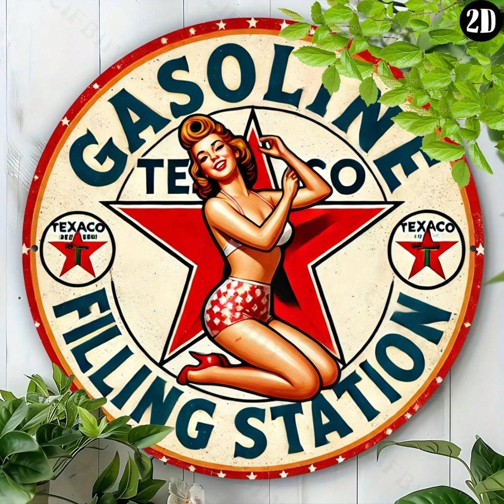 Vintage Gas Station Retro Metal Sign Home Decor Wall Art Aluminum Round Sign 8x8 Inch