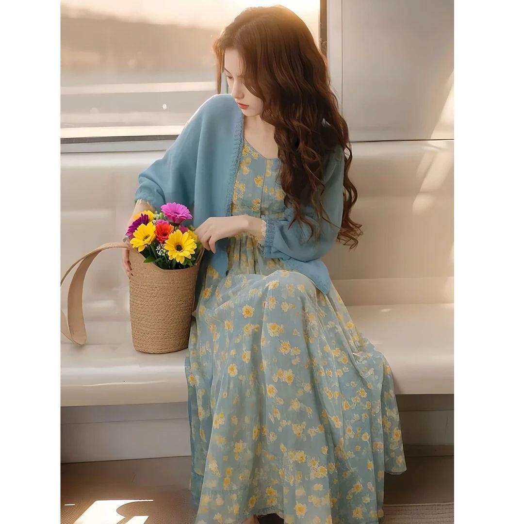 

Seaside Vacation Blue Floral Dress with Cardigan-Style Women s Outfit 2026 2XL (Recommended for 125-135 lbs)