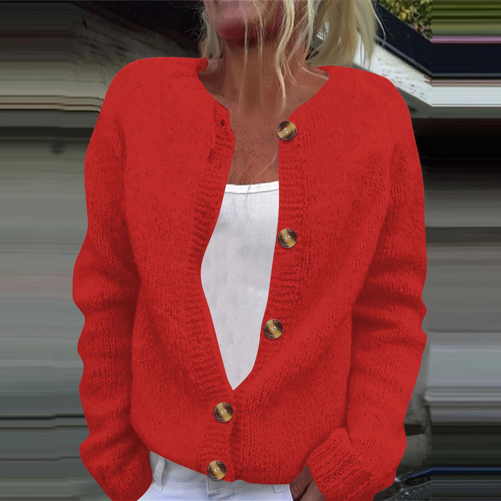

Женская мода однотонный длинный рукав вязаный кардиган куртка на пуговицах XXXL красный