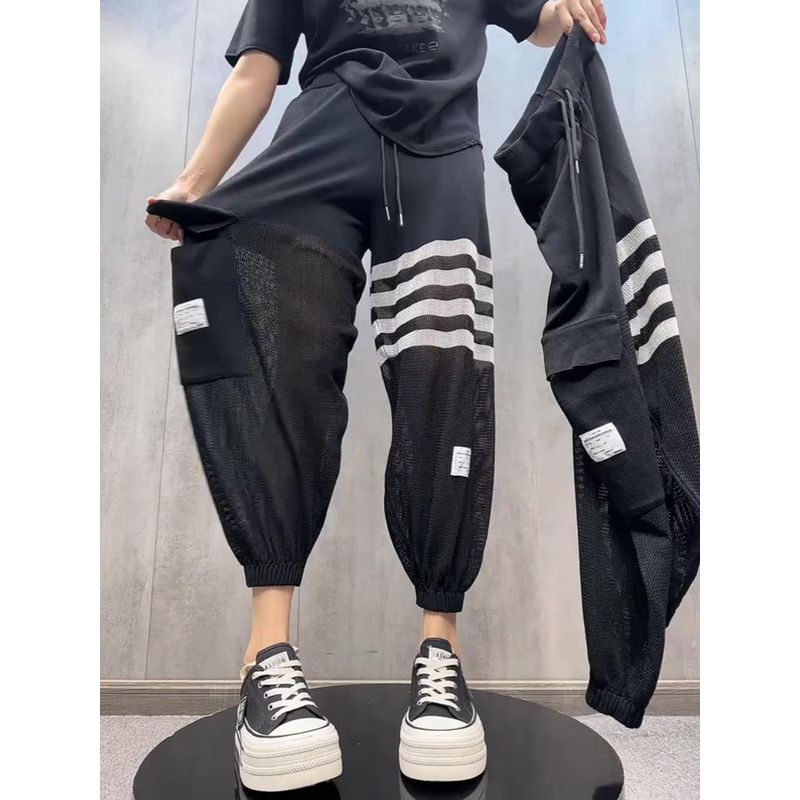 

Европейские товары Лето 2025 Модная строчка Шелковый лед Вязаные брюки Женские Свободные Легче всего сочетать Укороченные брюки Повседневные Брюки-джоггеры Black XL