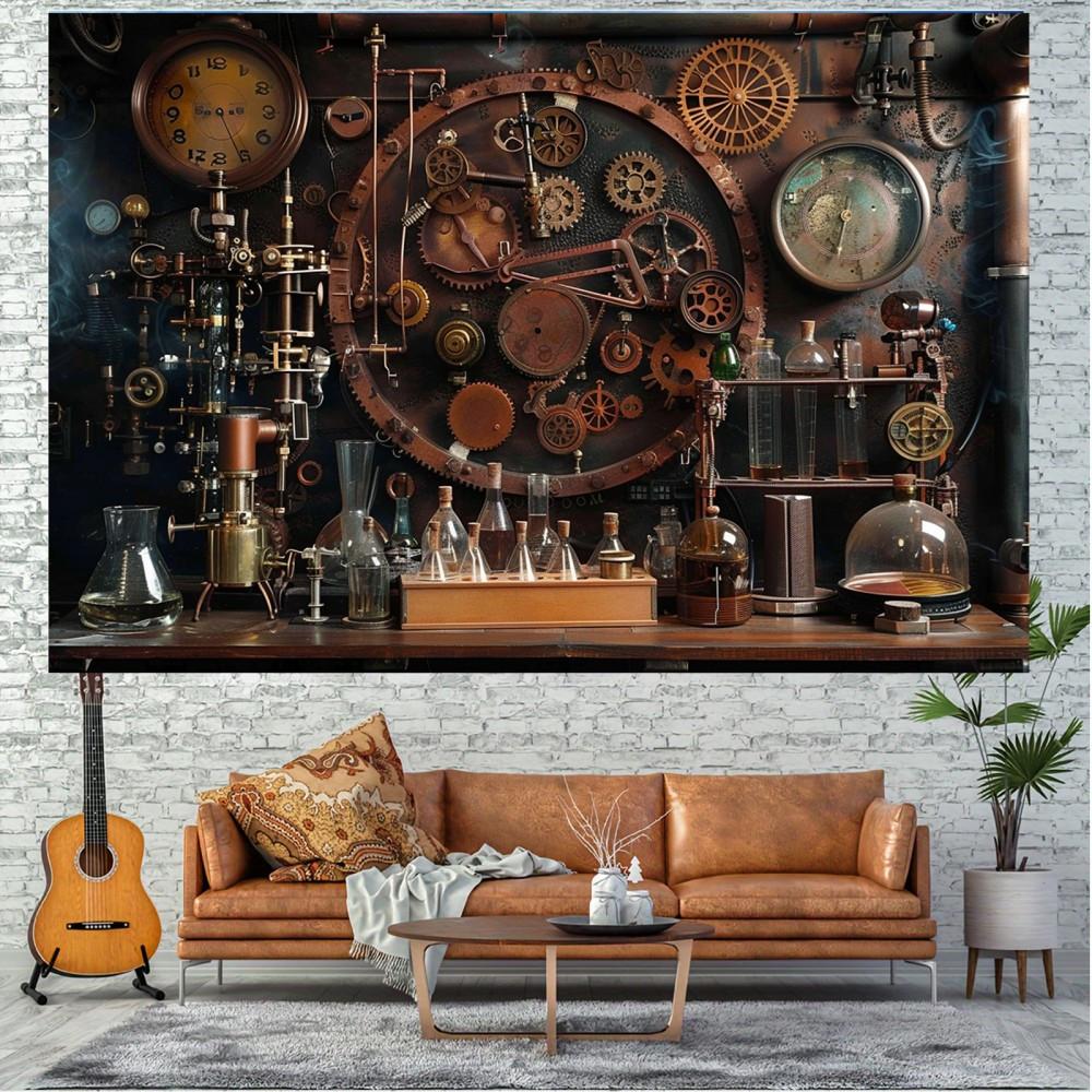 1 Stück vintage Steampunk Hintergrundstoff mit Brauereirad- und Uhrwerkdesign, geeignet für Geburtstage, Feiertage und Partys