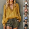 Blusa Casual Feminina Gola V Manga Lanterna Babado Caimento Solto