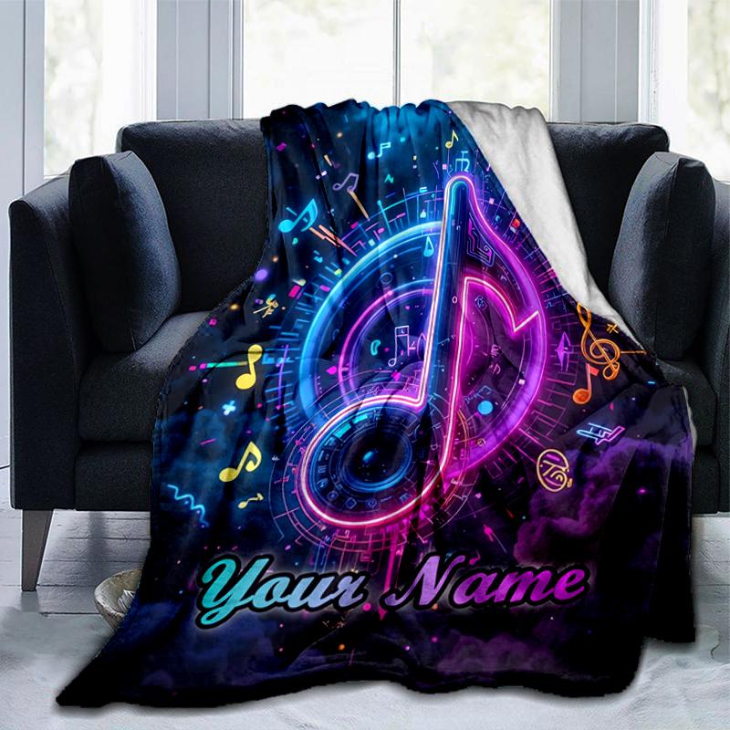 1PC Custom Name Music Notes Neon Art Flannel Blanket Versatile,all-season Throw Suitable for the Living Room,bedroom,camping,travel,and Gift