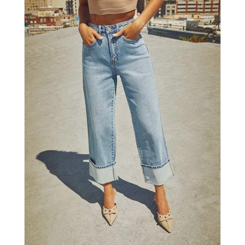 

2025 Spring Amazon Cross-Border New Elastic Straight-Leg Jeans for Women, Quality Vintage Rolled-Hem High-Waisted Long Pants Light Blue M
