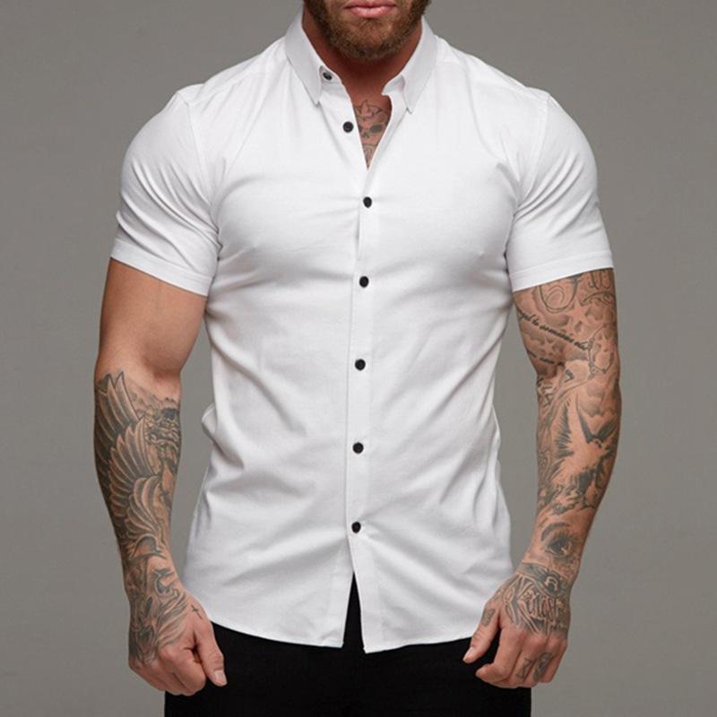 Stretch Thin Solid Color Sports Casual Cardigan Business Shirt Men's Fitness Short-sleeved Lapel Shirt