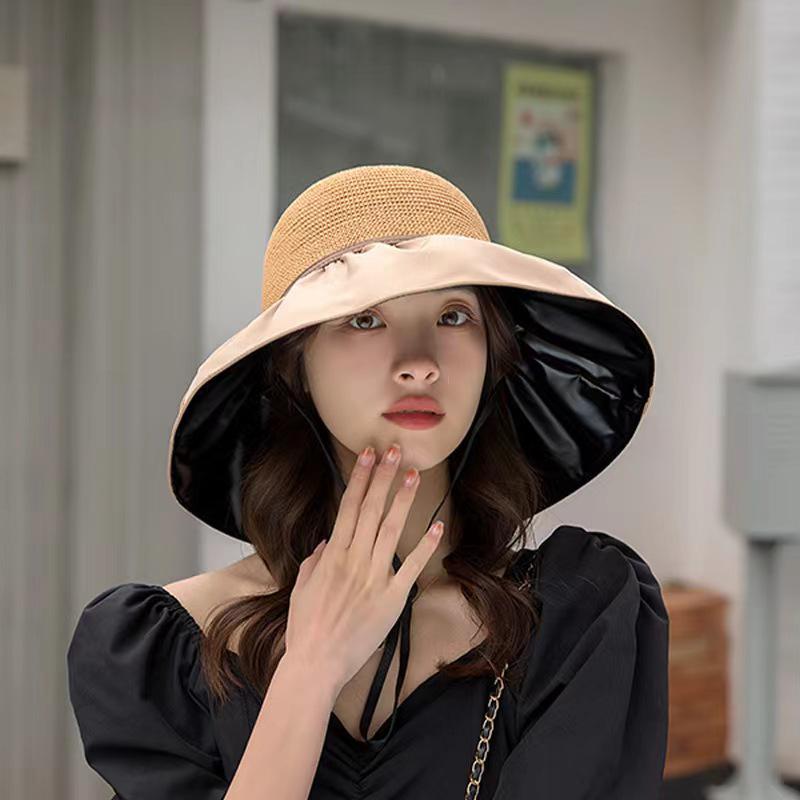 Korean-Style Women's Wide Brim Sun Hat with Bow and Face Mask - Versatile Outdoor UV Protection Hat for Adults