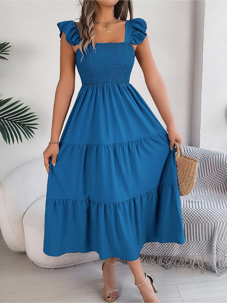 Square Neck Solid Color Dress High Waist Elegant Ruffle Edge Dress for Women Sleeveless Loose Dresses Causal Dress