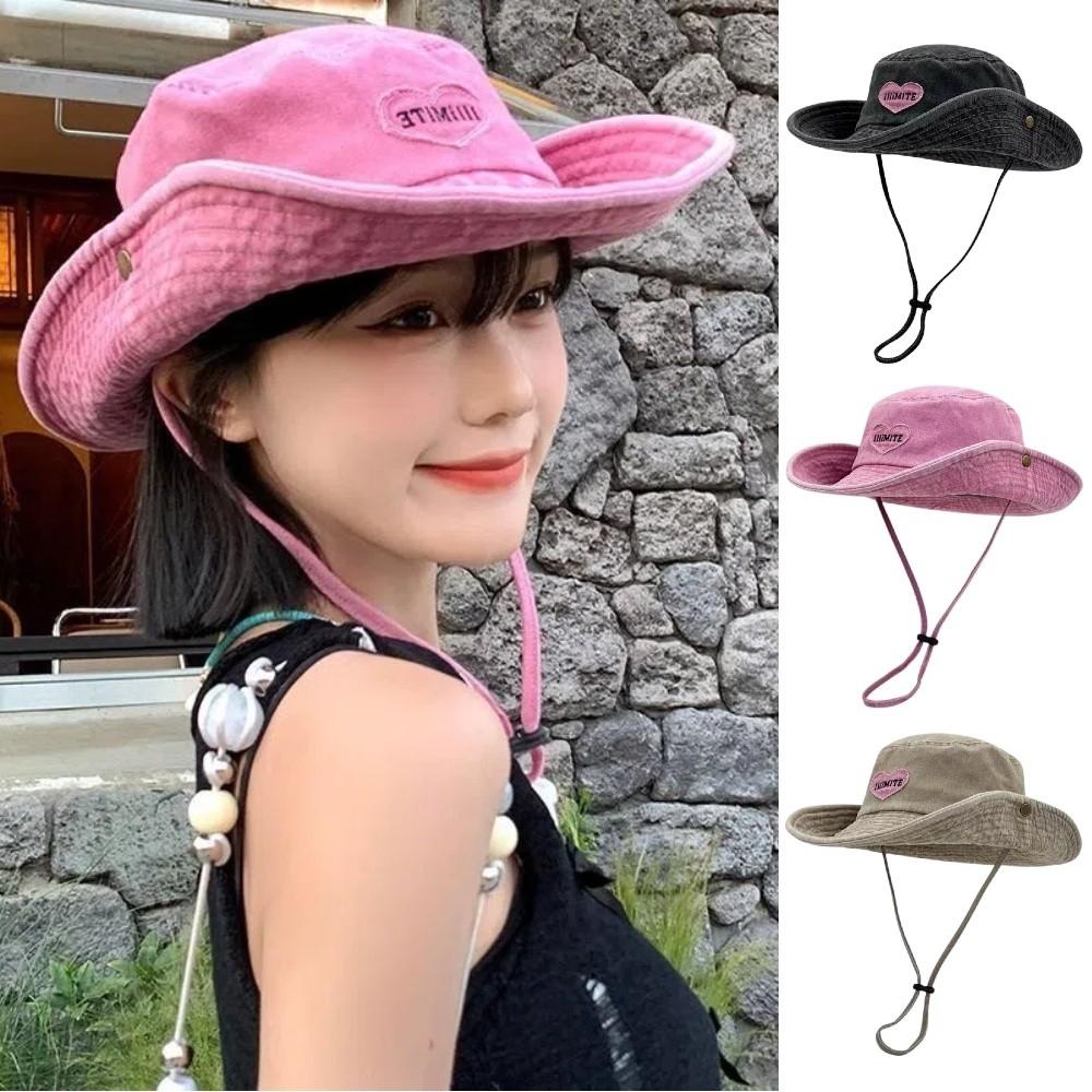 Foldable Summer Ladies Sun Hat With Drawstring Heart Embroidery Fisherman Hat Wide Brim Windproof Western Cowboy Hat