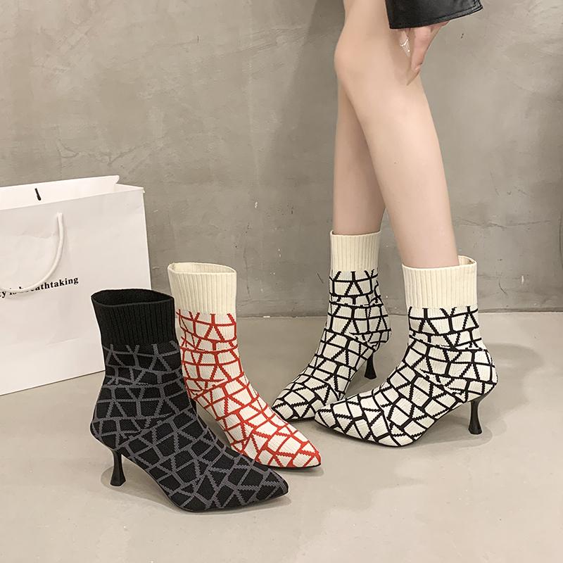 Women's Fashion Boots Pointed Toe Thin Heels Mixed Colors Knitted Boots Fashion All-match Breathable Mesh Women Stretch Boots