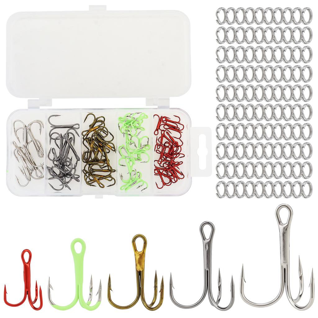 165pcs High Carbon Steel Barbed Treble Hooks Connector Circle Set Assorted Sizes 2#-10# with Storage Box