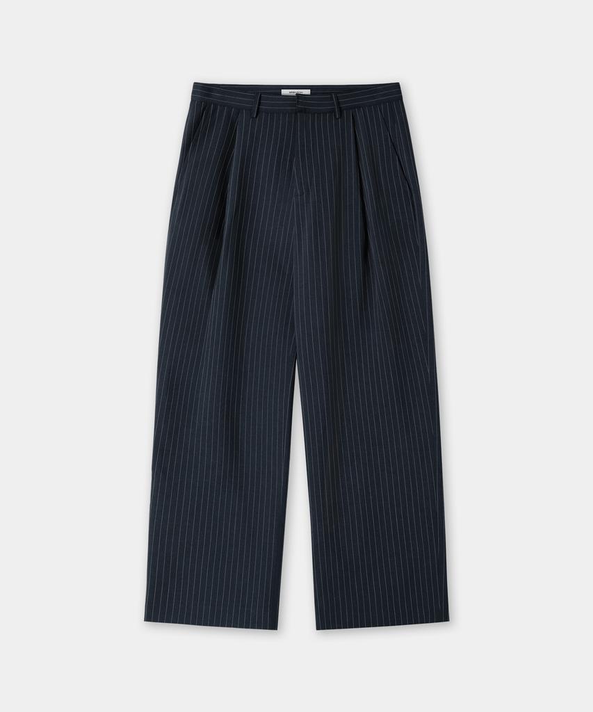BRENSON Fluid Stripe Single-Pleat Slacks (Navy)