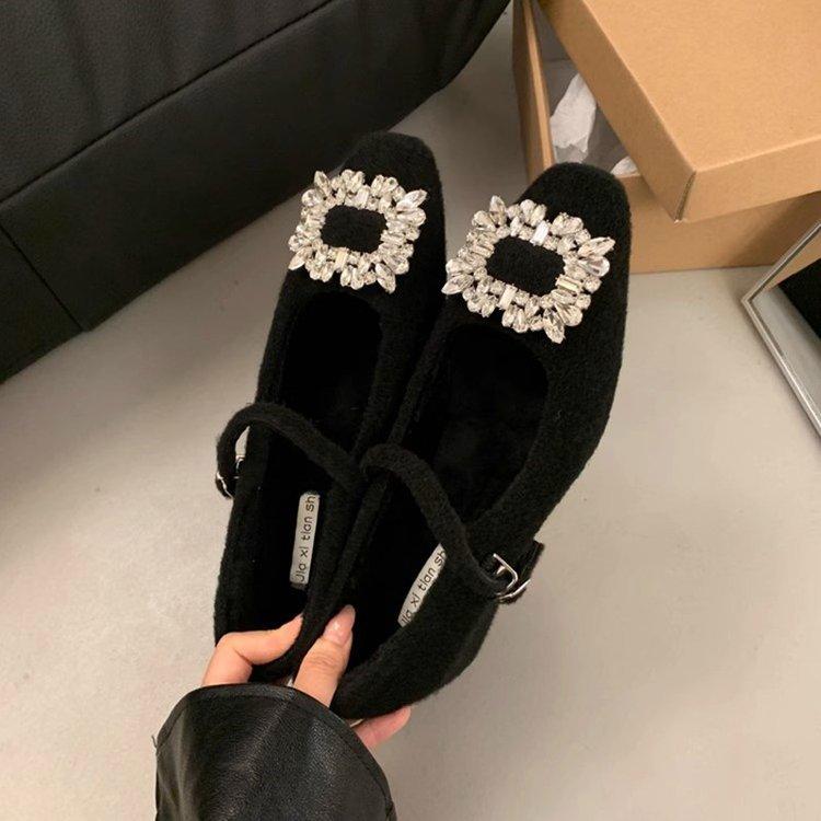 French fluffy shoes thick heel rhinestone single shoes women's 2025 autumn and winter new one-word buckle square head velvet Mary Jane cotton shoes