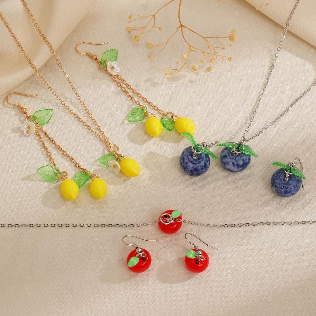 Fresh Lemon Fruit Dangle Earrings Pendant Necklace Matching Jewelry Set Summer Fruit Themed Accessory for Women