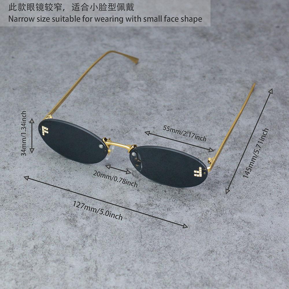 Gafas de Sol sin Montura con Decoración de Diamantes para Mujer Marca de Lujo Montura Metálica Pequeñas Ovaladas Gafas de Sol Unisex Elegantes Gafas de Sol UV400