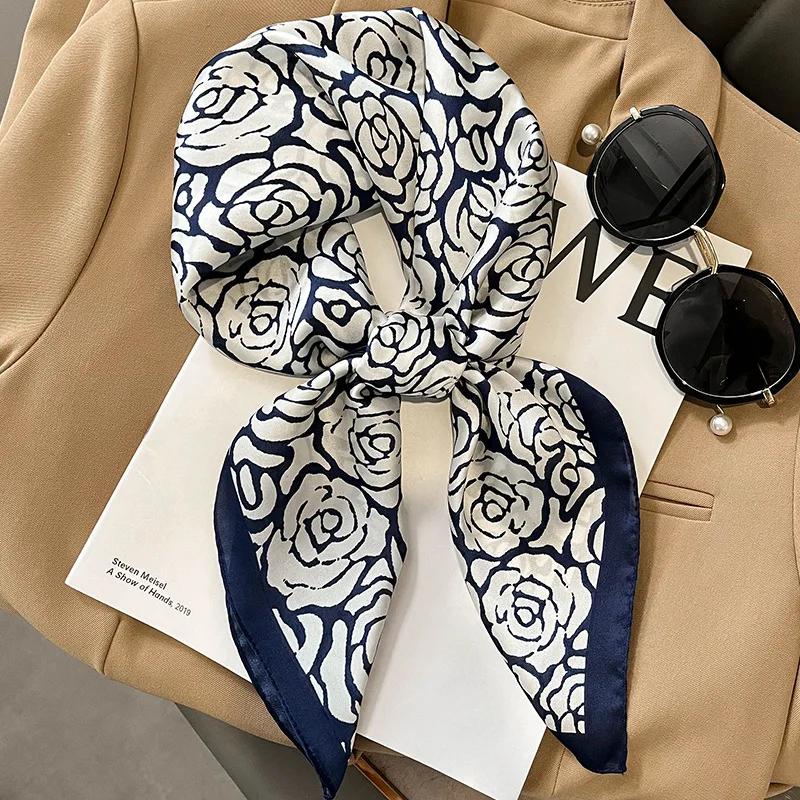 New Floral Print Shawl Design Silk Square Scarf Women Female Wrap Headkerchief Hijab Beach Stoles Hair Band Echarpe Bandana 2023