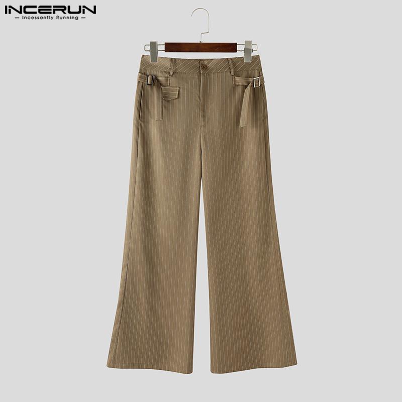 INCERUN Men Casual Zipper Waist Striped Wide Legs Pants Long Trousers