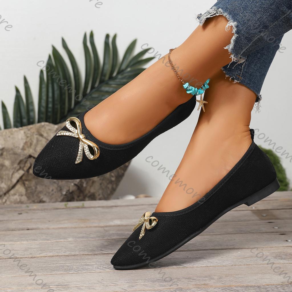 Fashion Comemore Women Flat Single Shoes Casual Black Bow Shallow Mouth Slip On Flats Pointed Toe Spring Summer Comfortable Women's Shoe