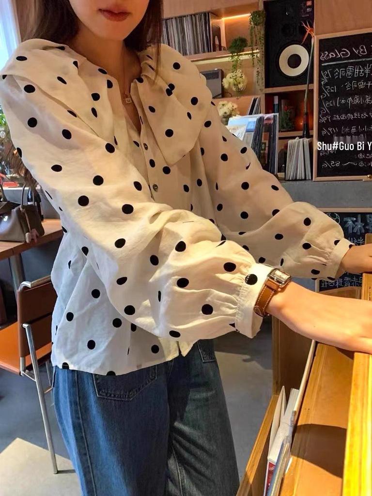 Women's Sweet Polka Dot Long-Sleeve Color Block Shirt, 2026 Spring Korean Style, Single-Breasted with Doll Collar