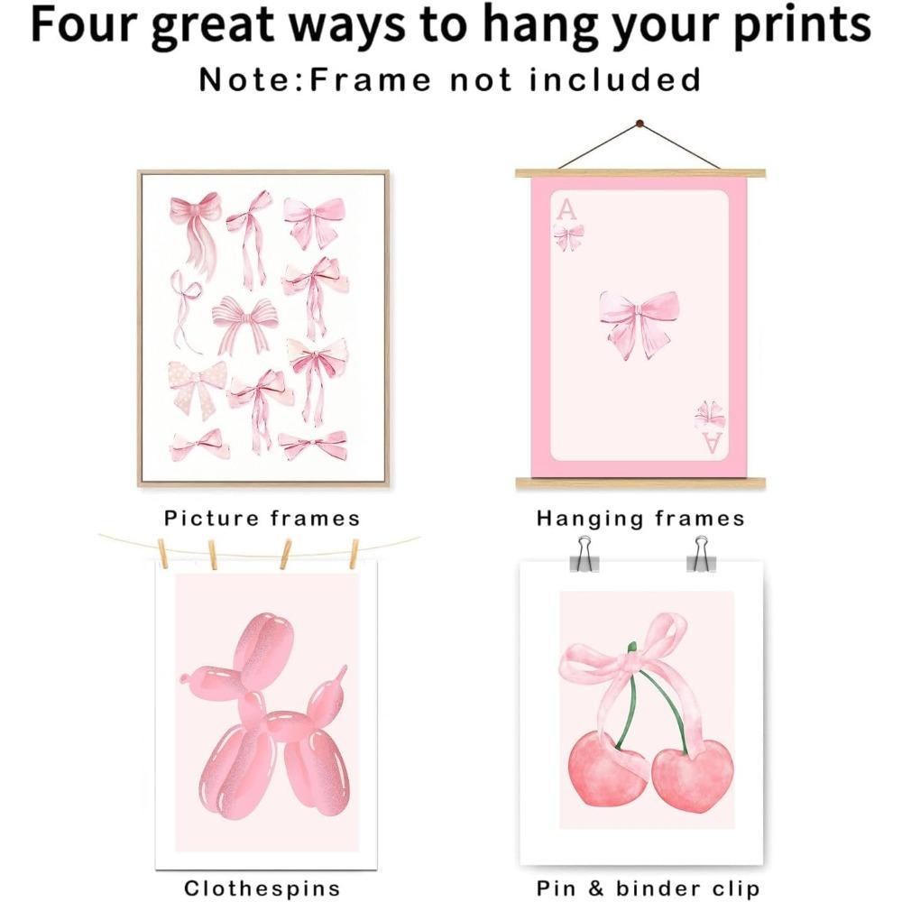 4 Stück Rosa Schleife Kirsche Discokugel Poster Wanddekoration, Niedliche Ballonhund-Poster, Mädchenzimmer Dekoration Rosa Fotos Ungerahmt