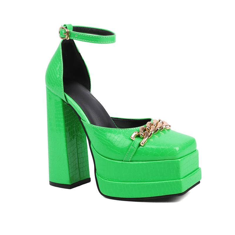 Plus Size Plaid Patent Leather Side Cut-Out Women's Sandals Metal Chain Decoration Ultra-High Double-Deck Platform Fashion Shoes