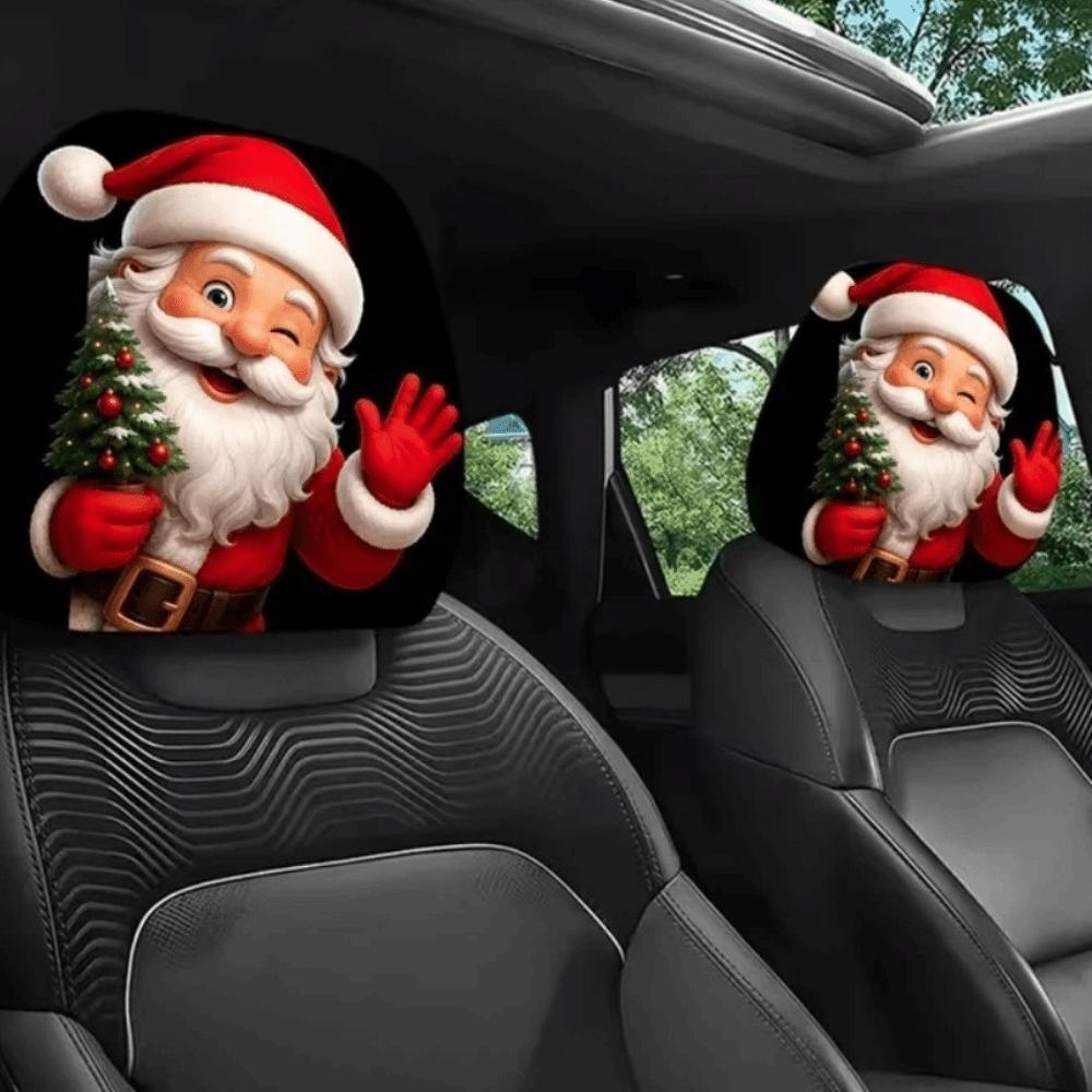 2PCS Cartoon Santa Claus Car Headrest Cover Elastic Headrest Cover Christmas Decoration